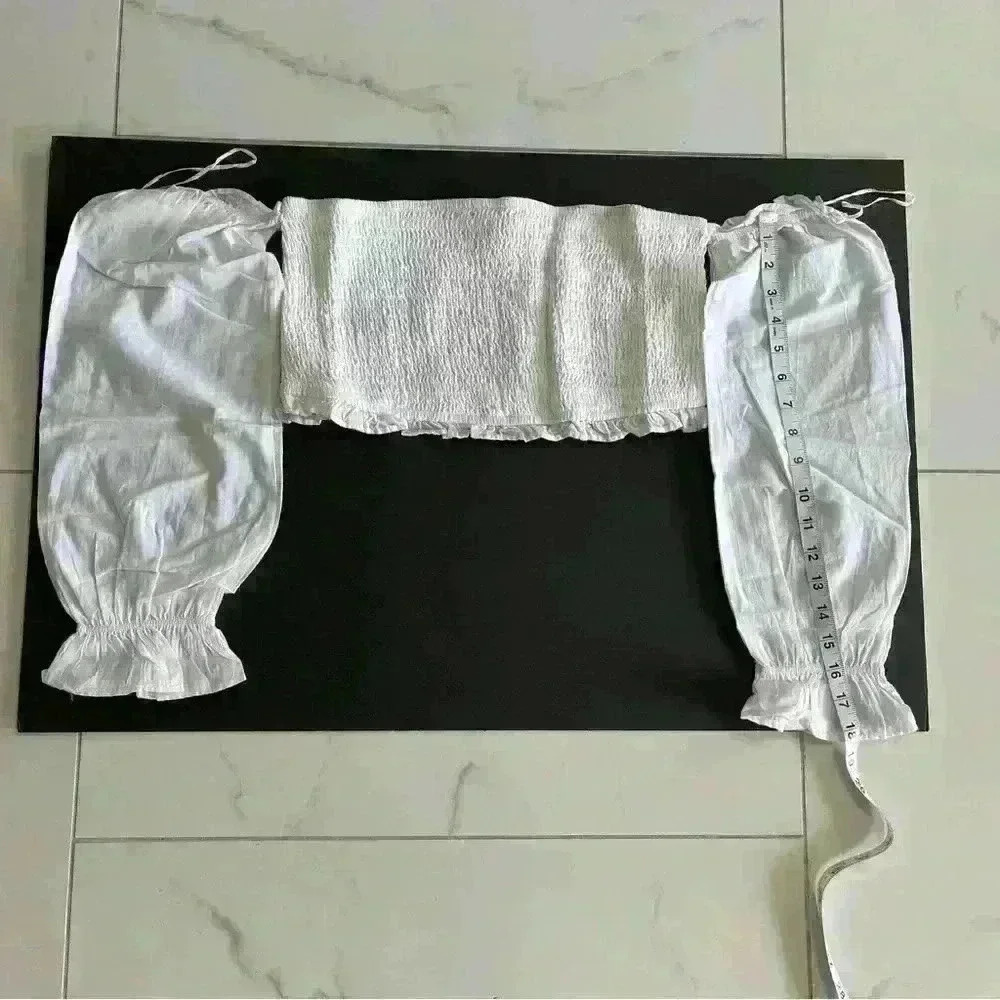 And Now This Womens Solid White Smocked Crop Top Off The Shoulder Size Medium - Picture 10 of 13